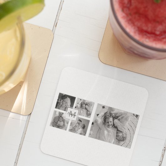 トレンディーコラージファミリーフォトブラック&ホワイトイニシャル スクエアペーパーコースター
