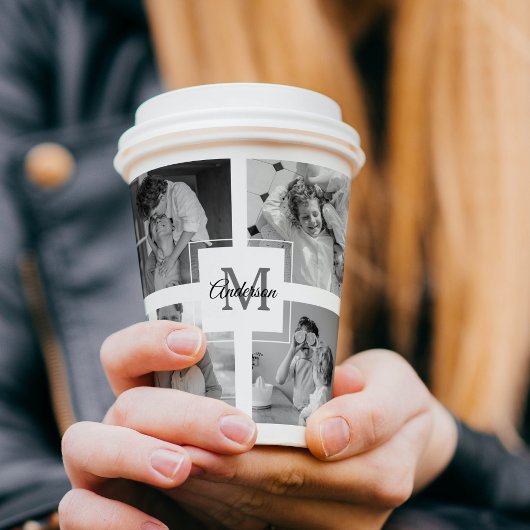 トレンディーコラージファミリーフォトブラック&ホワイトイニシャル 紙コップ