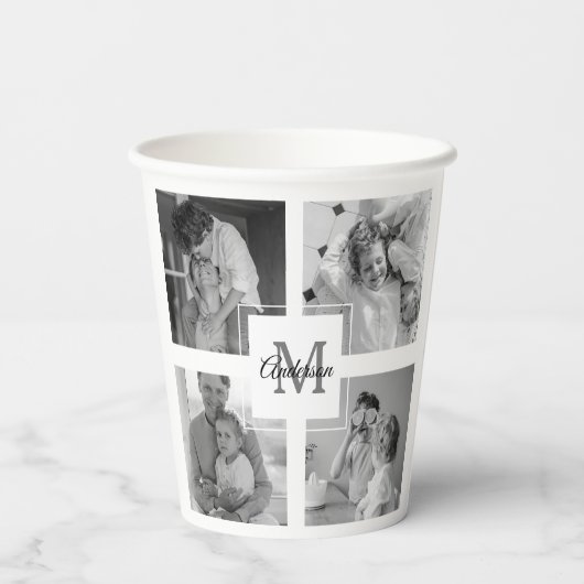 トレンディーコラージファミリーフォトブラック&ホワイトイニシャル 紙コップ (裏面)