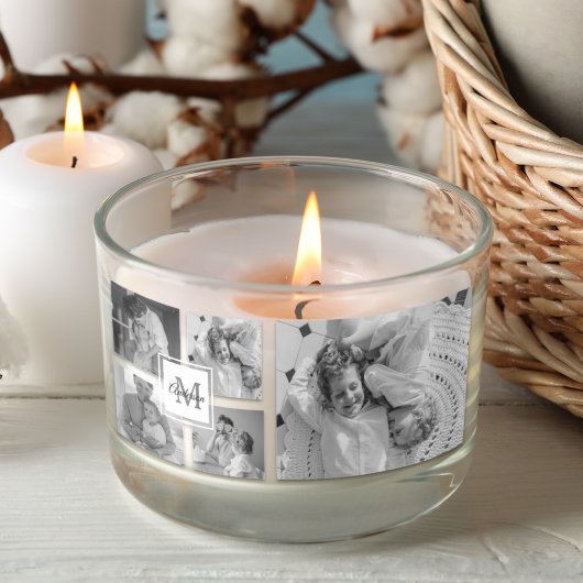 トレンディーコラージファミリーフォトブラック&ホワイトイニシャル 長方形シール