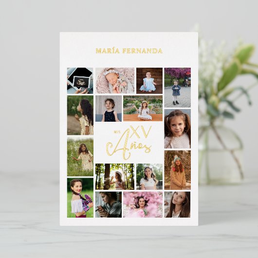 トレンディーコラージュ15アニオス16枚スペインの写真タイムライン 箔招待状 (立ち正面)