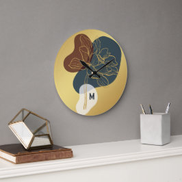 トレンディーコンテンポラリーモノグラム金ゴールドお洒落フローラ ラージ壁時計