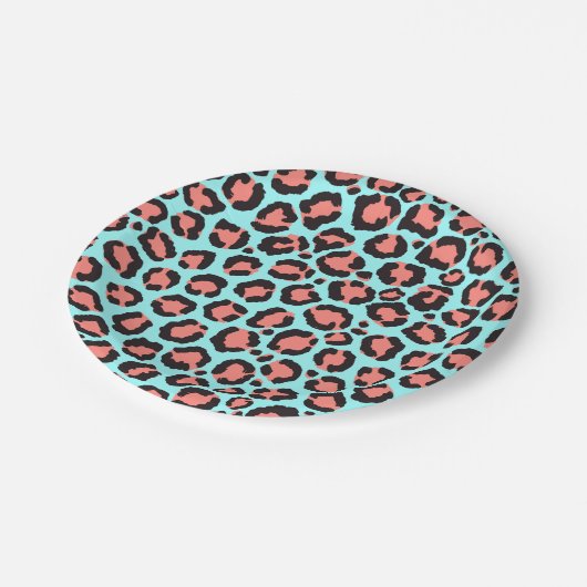 トレンディーコーラルアートミントティール（緑がかった色）レオパードアニマルプリント ペーパープレート (アングル)