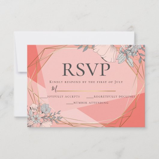 トレンディーコーラルウェディングRSVPフローラ金ゴールドフレーム 招待状 (正面)