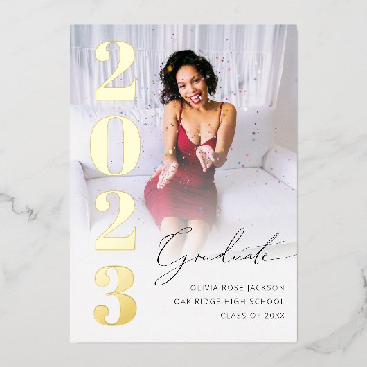 トレンディーゴールドフォイル写真卒業発表 箔招待状 (正面)