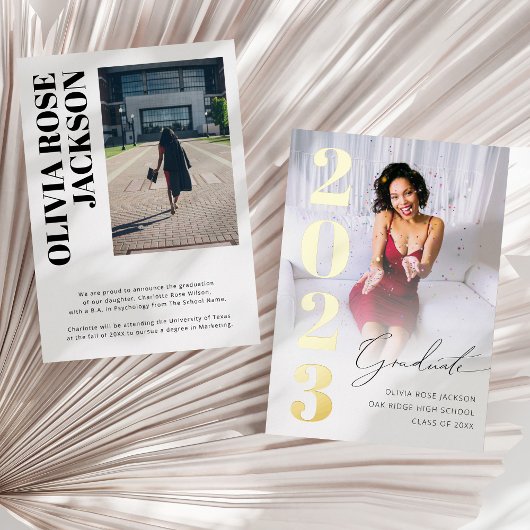 トレンディーゴールドフォイル写真卒業発表 箔招待状