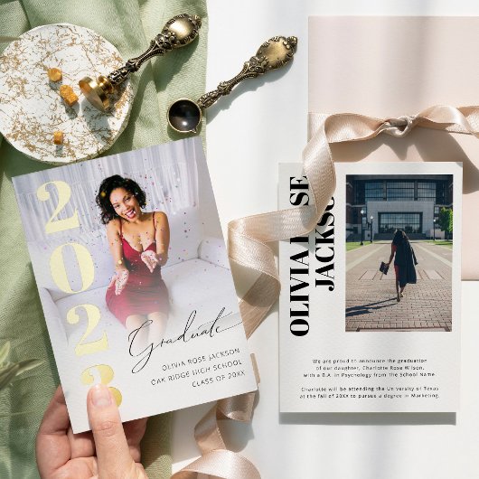 トレンディーゴールドフォイル写真卒業発表 箔招待状