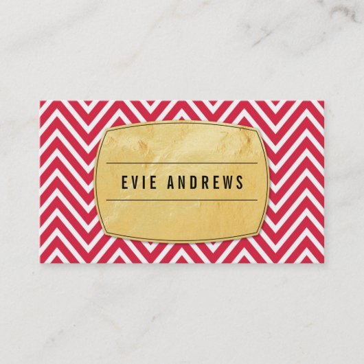 トレンディーシェブロンパターン金ゴールドフォイルバッジ明るい赤 名刺 (正面)