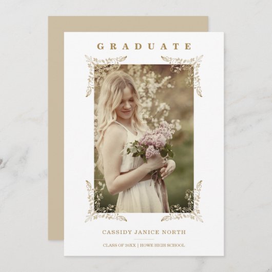 トレンディーシックなゴールデンレースロマンチックな大学院写真 招待状 (正面/裏面)