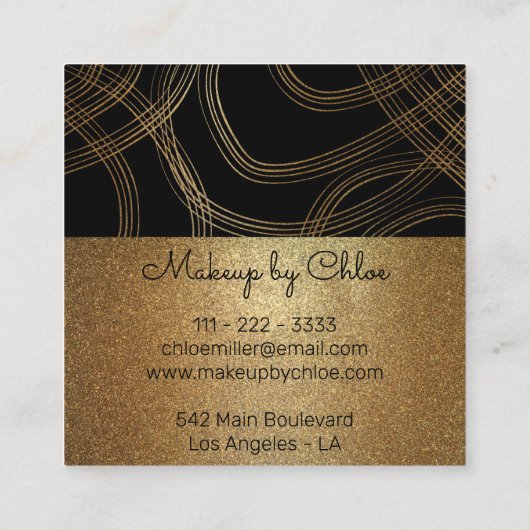 トレンディーシックなブラック&ブロンズのグリッターメイクアップアーティスト スクエア名刺 (裏面)