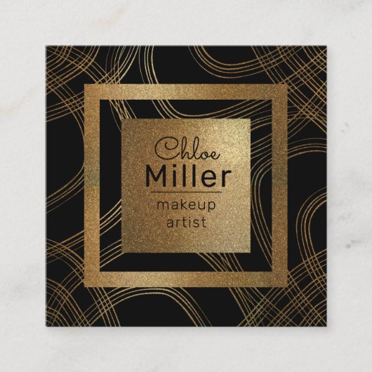 トレンディーシックなブラック&ブロンズのグリッターメイクアップアーティスト スクエア名刺 (正面)