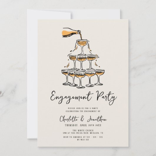 トレンディーシックな手描き婚約パーティ 招待状 (正面)