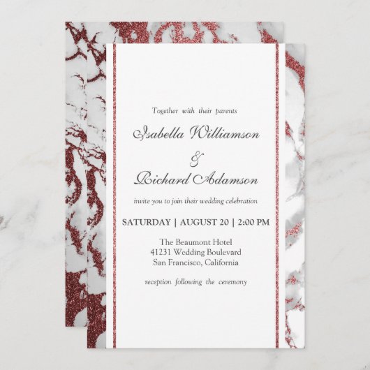 トレンディーシックバラ金ゴールドマーブル結婚ズお祝い 招待状 (正面/裏面)