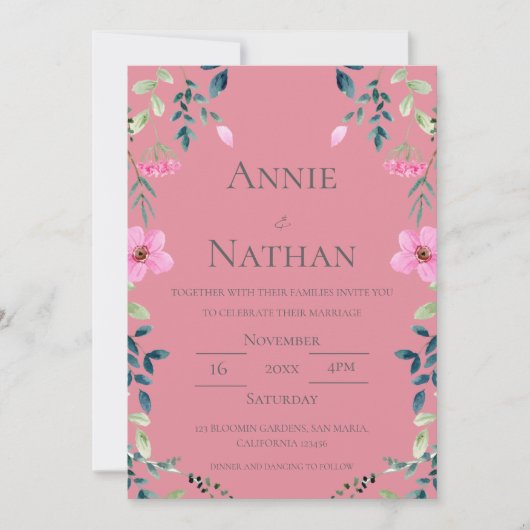 トレンディーシックピンクフローラフレーム結婚式招待状 (正面)