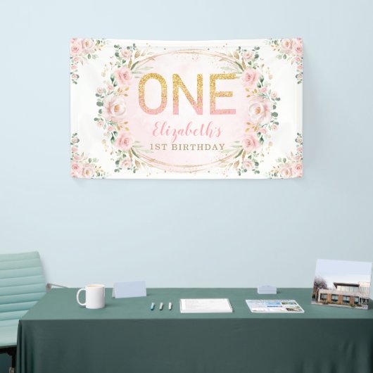 トレンディーシック赤面金ゴールドピンクフローラ1st誕生日 横断幕 (トレードショー)