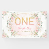 トレンディーシック赤面金ゴールドピンクフローラ1st誕生日 横断幕 (横)