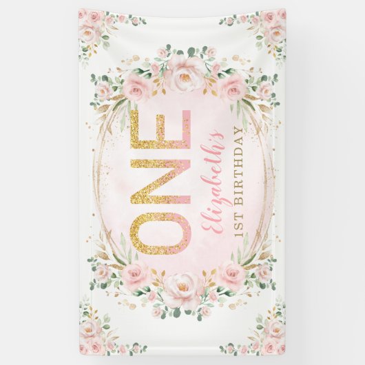 トレンディーシック赤面金ゴールドピンクフローラ1st誕生日 横断幕 (縦)