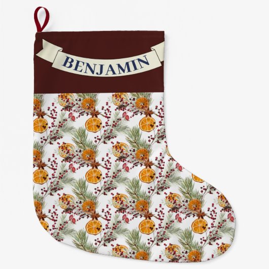 トレンディーシトラスオレンジ素朴PIneグリーンリー ラージクリスマスストッキング (正面)