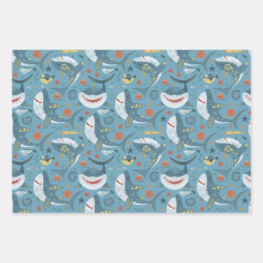 トレンディーシャークギフト誕生日グリーンブルーマリン ラッピングペーパーシート (正面)