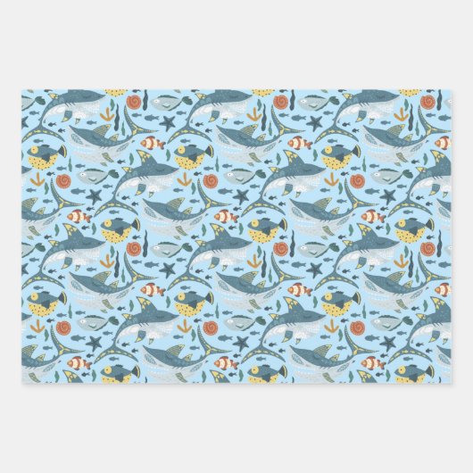 トレンディーシャークテーマザシーデコール ラッピングペーパーシート (正面3)