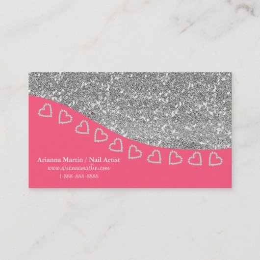 トレンディーシルバーグリッター&ミニダイヤモンドハート きらきら光る 名刺 (正面)