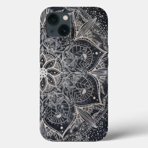トレンディーシルバーフローラマンダラブルーマーブルデザイン iPhone 13ケース