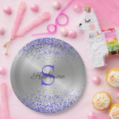 トレンディーシルバーメタリックパープルグリッターモノグラム ペーパープレート (パーティー)