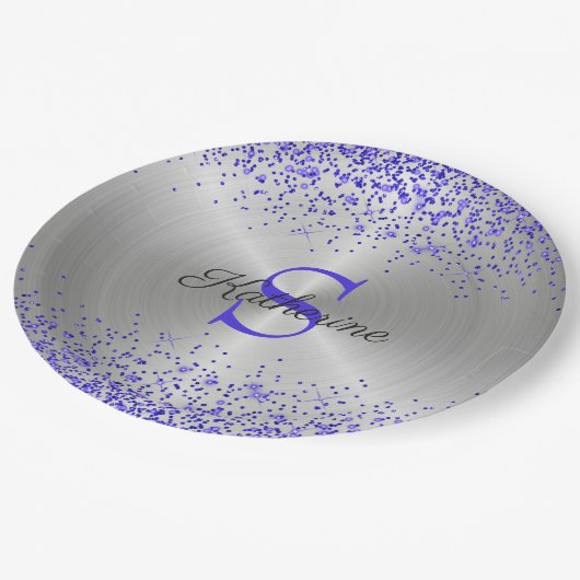 トレンディーシルバーメタリックパープルグリッターモノグラム ペーパープレート (アングル)