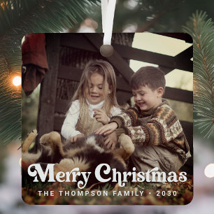 トレンディーシンプルレトロタイポグラフィフォトクリスマス メタルオーナメント