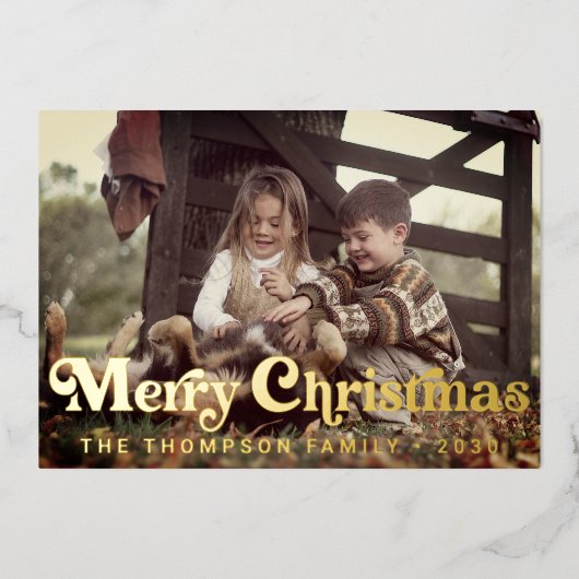 トレンディーシンプルレトロタイポグラフィフォトクリスマス 箔シーズンカード (正面)