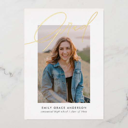 トレンディーシンプル書道3枚写真卒業 箔招待状 (正面)