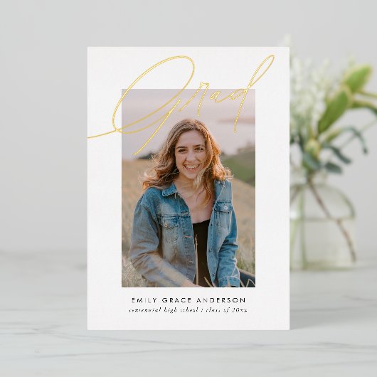 トレンディーシンプル書道3枚写真卒業 箔招待状 (立ち正面)