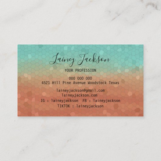 トレンディーシーグリーンと燃えたオレンジ色の抽象芸術モザイク 名刺 (裏面)