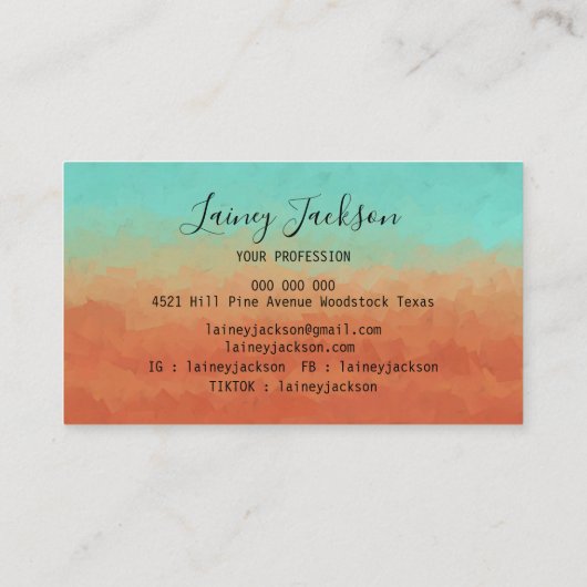 トレンディーシーグリーンと燃えたオレンジ色抽象芸術 名刺 (裏面)