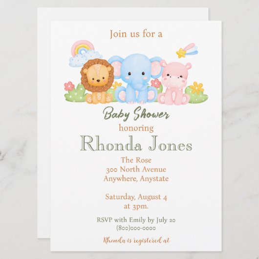 トレンディージャングルテーマベビーシャワー 招待状 (正面/裏面)