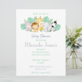 トレンディージャングル動物の水の色のベビーシャワー 招待状 (スタンド正面)