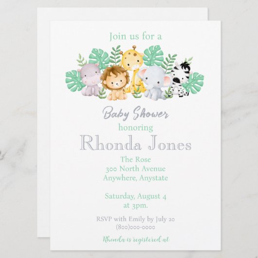 トレンディージャングル動物の水の色のベビーシャワー 招待状 (正面/裏面)