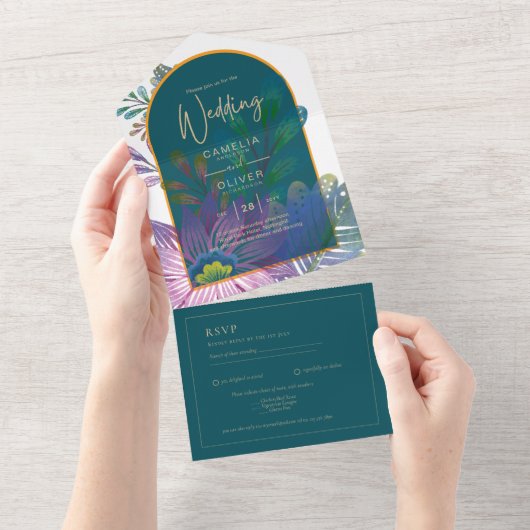 トレンディージュエルトーンティーマルーン結婚金ゴールド オールインワン招待状 (貼ってはがせる)