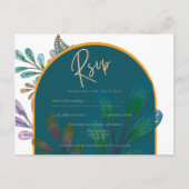 トレンディージュエルトーンティール（緑がかった色）マルーン金ゴールドウェディングRSVP ポストカード (正面)