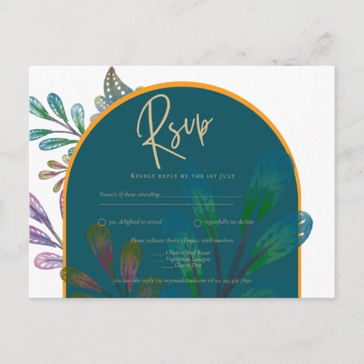 トレンディージュエルトーンティール（緑がかった色）マルーン金ゴールドウェディングRSVP ポストカード (正面)