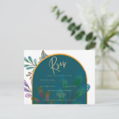 トレンディージュエルトーンティール（緑がかった色）マルーン金ゴールドウェディングRSVP ポストカード (スタンド正面)