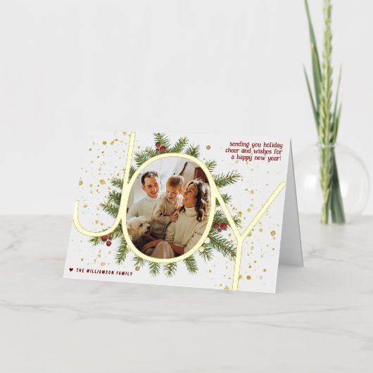 トレンディージョイパインブーフリースクリスマスフォト実在 箔グリーティングカード (正面)