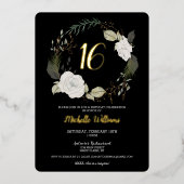 トレンディースウィート16バースデーパーティーフローラブラック金ゴールド 箔招待状 (正面)