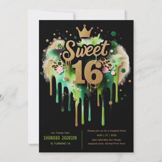 トレンディースウィート16ヒョウ印刷グリーン金ゴールド 招待状 (正面)