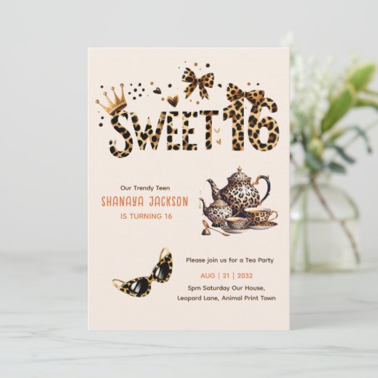 トレンディースウィート16ヒョウ印刷ティーパーティー 招待状 (スタンド正面)