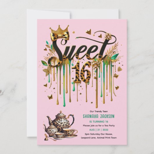 トレンディースウィート16ヒョウ印刷ティーパーティー 招待状 (正面)