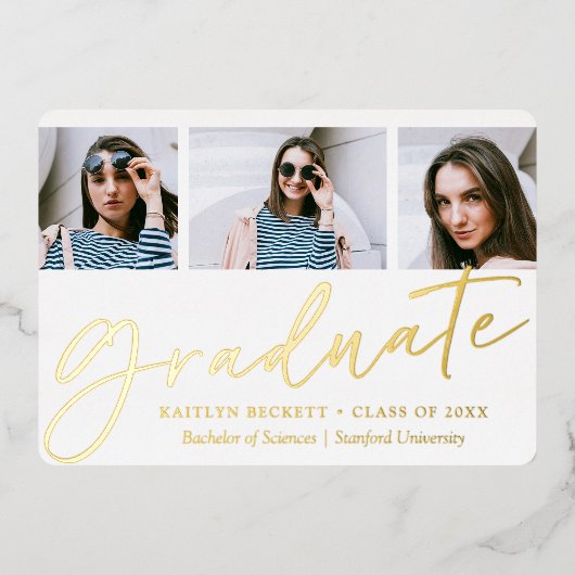 トレンディースクリプトのミニマル3写真卒業実在 箔招待状 (正面)