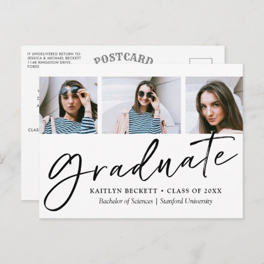 トレンディースクリプトのミニマル3写真卒業 案内ポストカード (正面/裏面)