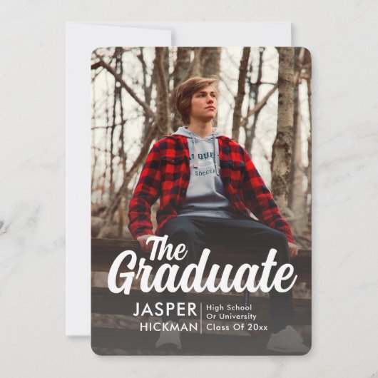 トレンディースクリプトオーバーレイシルバー |写真の卒業 案内状 (正面)