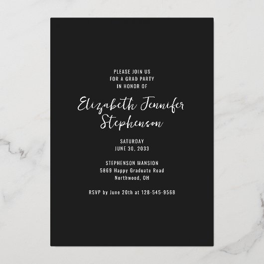 トレンディースクリプトオーバーレイ卒業パーティーの写真 箔招待状 (裏面)